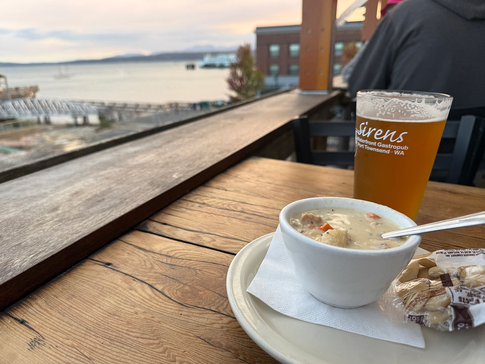 dinner on the back porch at Siren's on Water Street, (clam chowder was New Englander approved!)