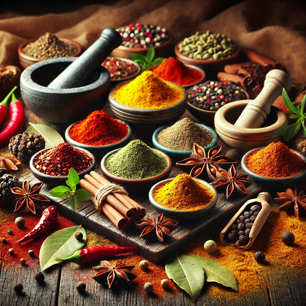 DALL·E 2024-12-18 20.49.39 - A vibrant and artistic arrangement of various spices on a rustic wooden surface. The spices are displayed in small piles or in decorative bowls, showc