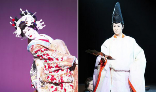 Makoto Matsui as an oiran (courtesan) of the Edo period and as Prince Genji of the Heian period.
