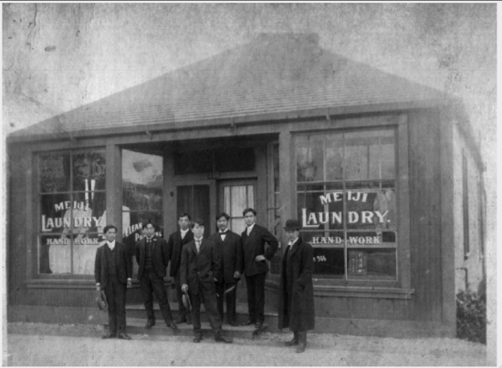 Meiji Laundry. As early as 1898, Japanese bachelors were coming to Alameda seeking their fortunes. They arrived jobless, homeless and unable to speak English. Japanese businesses, bathhouses, boarding houses and grocery stores popped up in a Japantown near the railroad tracks that crossed Park Street.