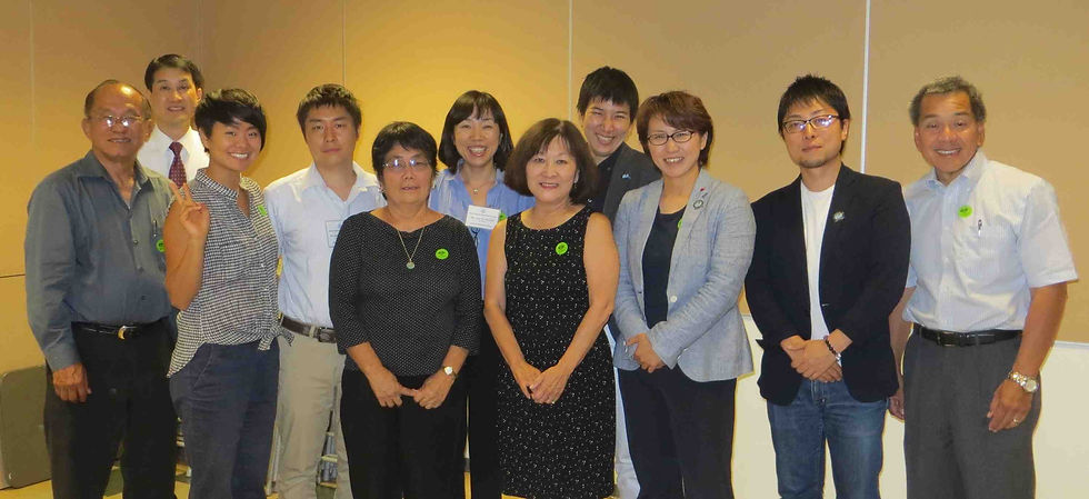 An LGBTQ delegation from Japan met with Okaeri representatives (from left) Harold Kameya, Alex H. Fukui, traci ishigo; (front and center) Ellen Kameya, Marsha Aizumi; (right) Rev. Mark Nakagawa.