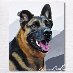 Peinture chien berger allemand, portrait animalier hyperréaliste, artiste peintre animalier québécoise, Carine Geoffrion.