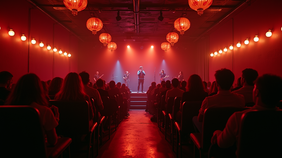 Wide angle view of a cozy NYC comedy club with audience and stage