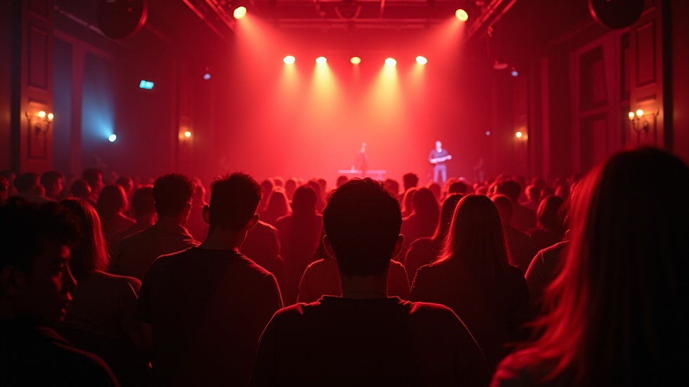 Wide angle view of a bustling comedy club audience waiting for the show