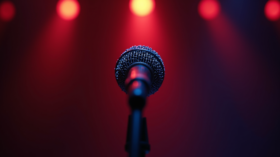 Close-up view of a microphone on a comedy club stage with dimmed background