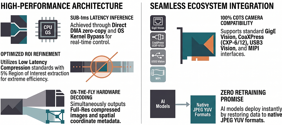 direct DMA, OS kernel bypass, real-time control, ultra low latency compression, Region of interest, on-the-fly, metadata, compatibility