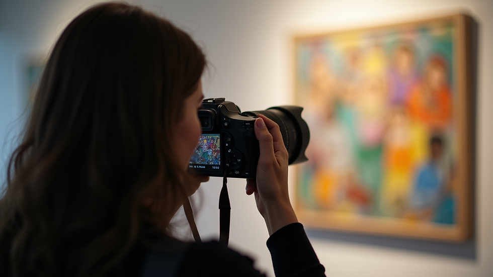 Close-up view of a camera lens focusing on an art piece at a gallery event
