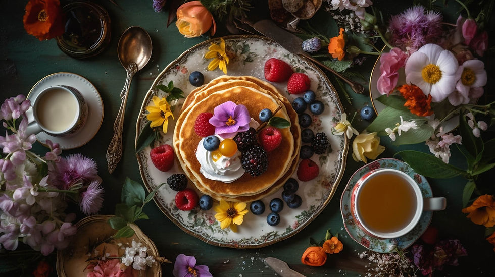 An overhead shot of a beautifully styled breakfast scene featuring a stack of pancakes topped with fresh berries, a drizzle of maple syrup, and a dollop of whipped cream.