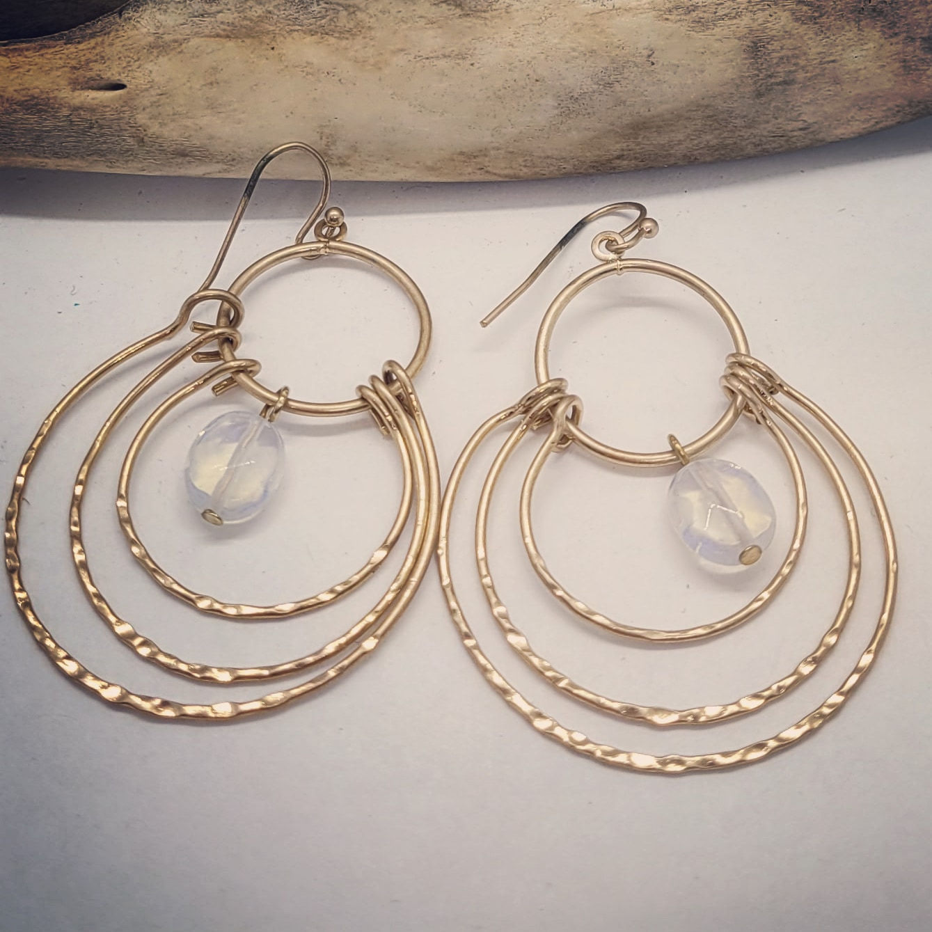 Golden Hammered Wire with Opalite Drop Earrings 