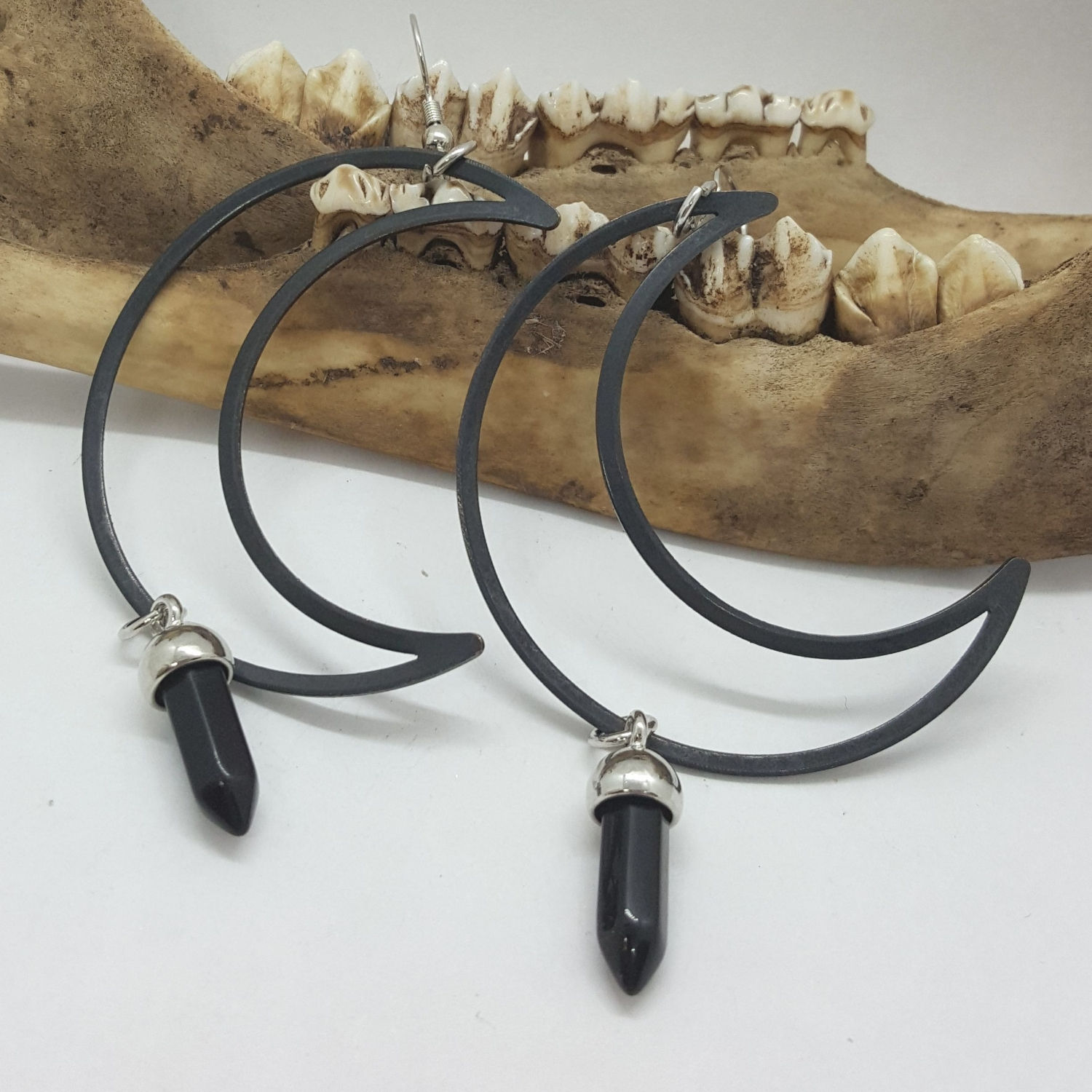 Large Black Crescent Moons with Onyx Point Earrings 