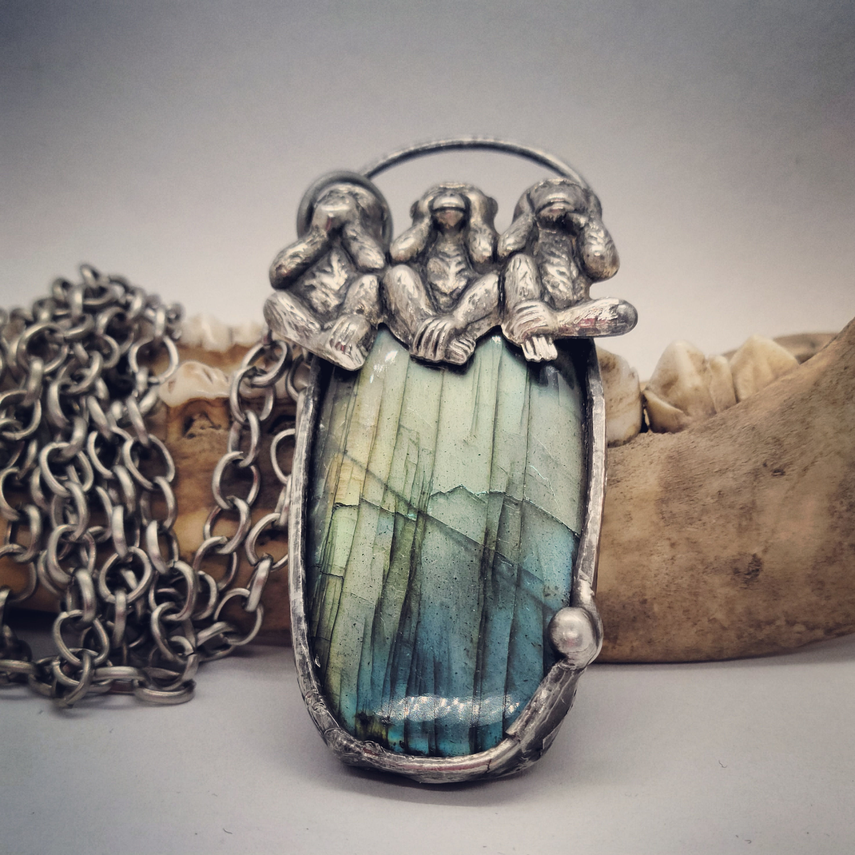 Soldered See No, Hear No,  Speak No Evil Monkeys on Labradorite with 28" Chain 