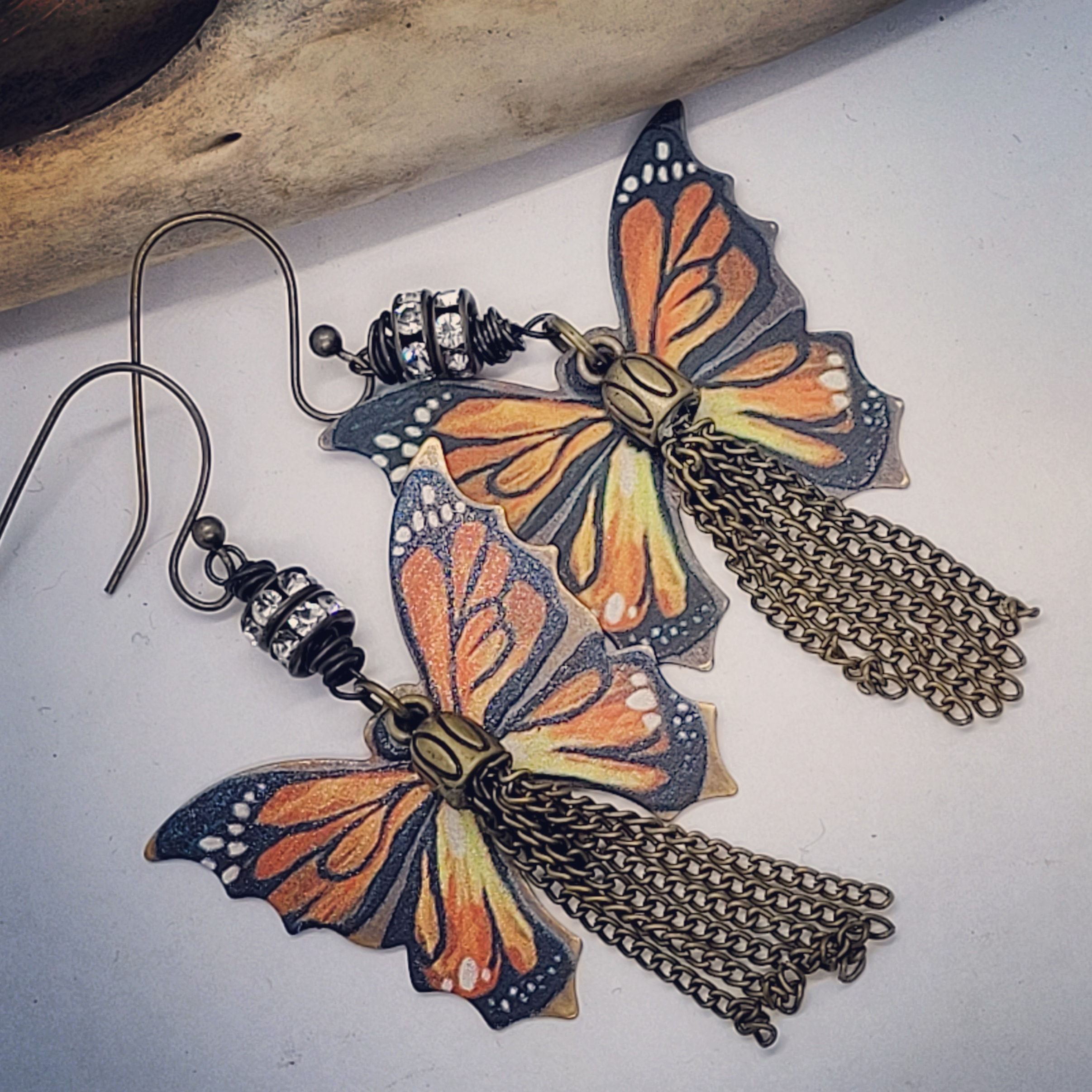 Vintage Style Hand Painted Butterfly with Tassel Earrings 