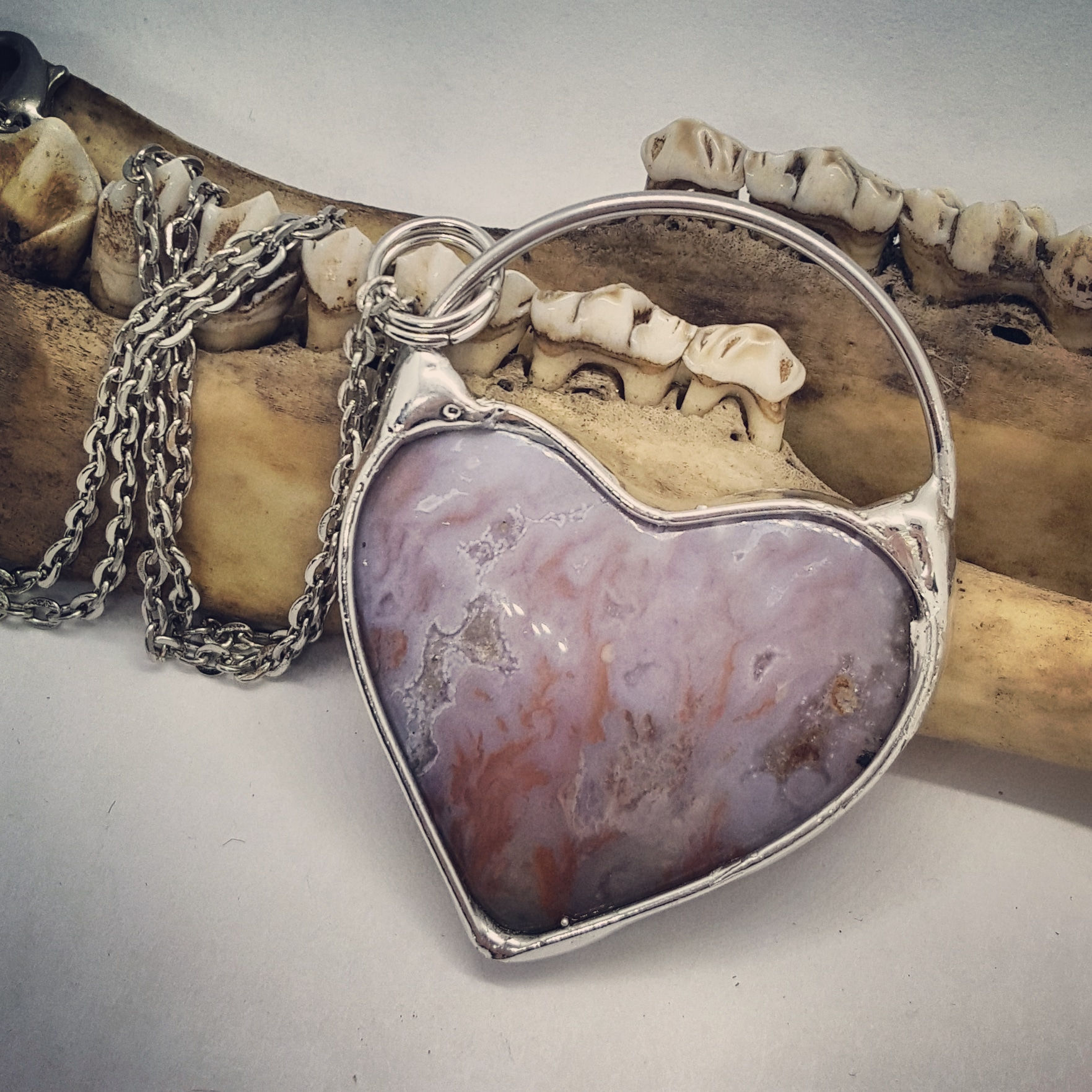 Soldered Moss Agate Heart on 20" Chain 