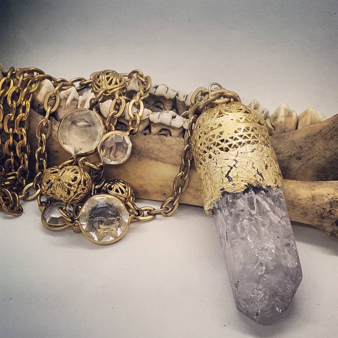 Large Crackle Amethyst on Long Vintage Goldtone Chain