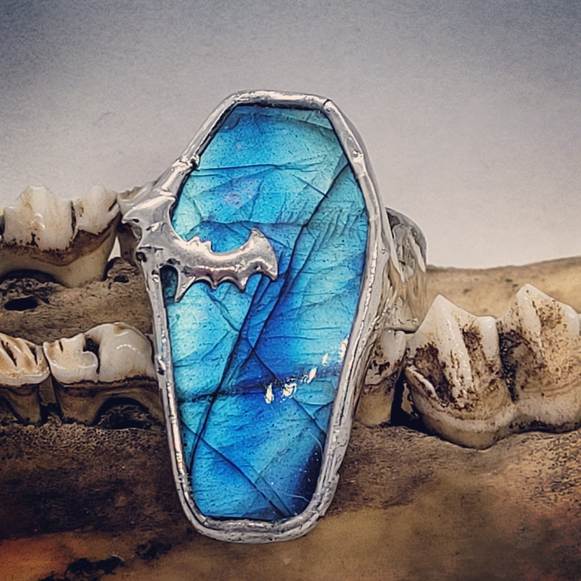 Soldered Adjustable Labradorite Coffin Ring with Bat
