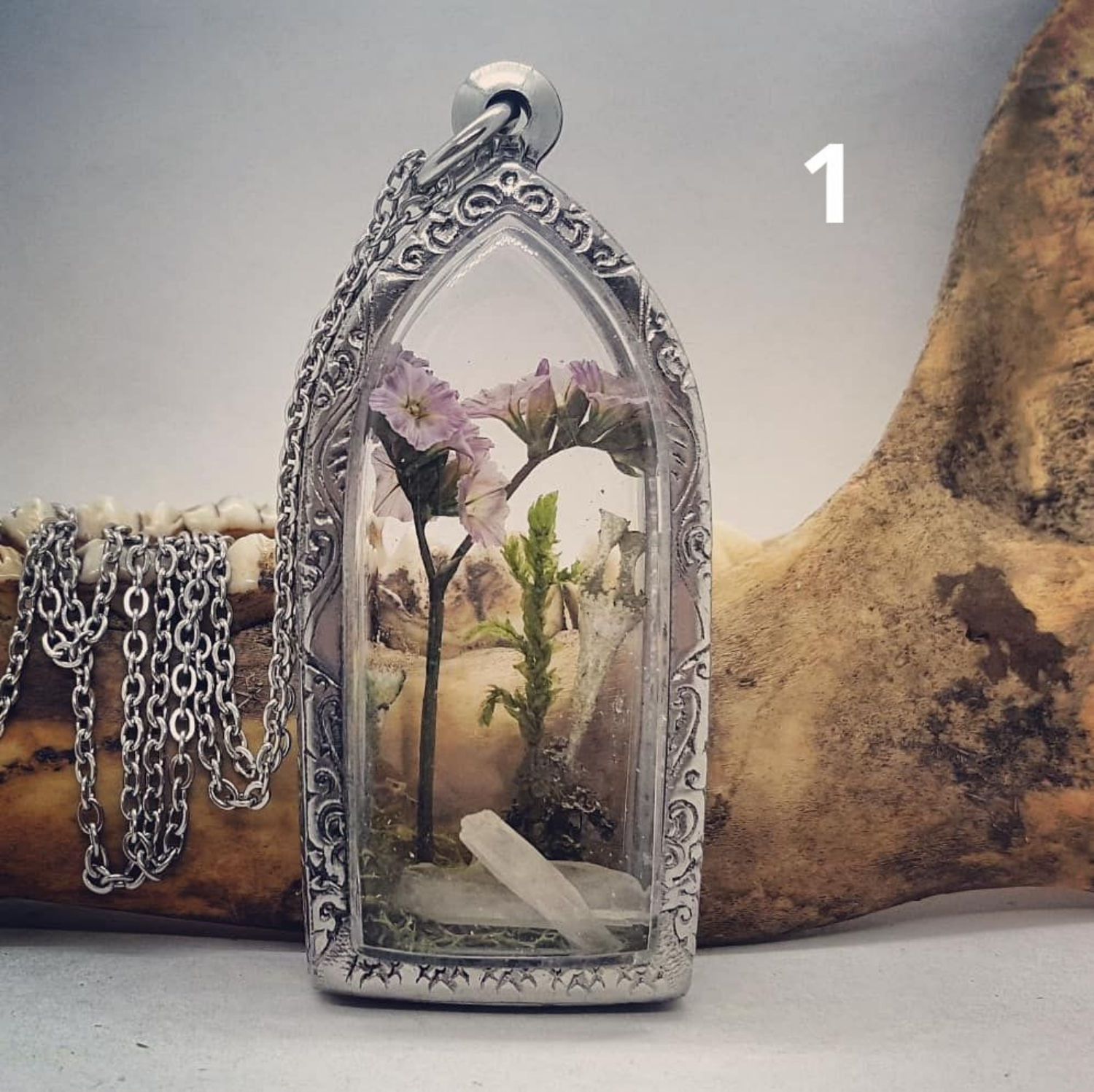 Small Terrarium Pendants with Real Mushroom, Lichen, Flowers & Crystals