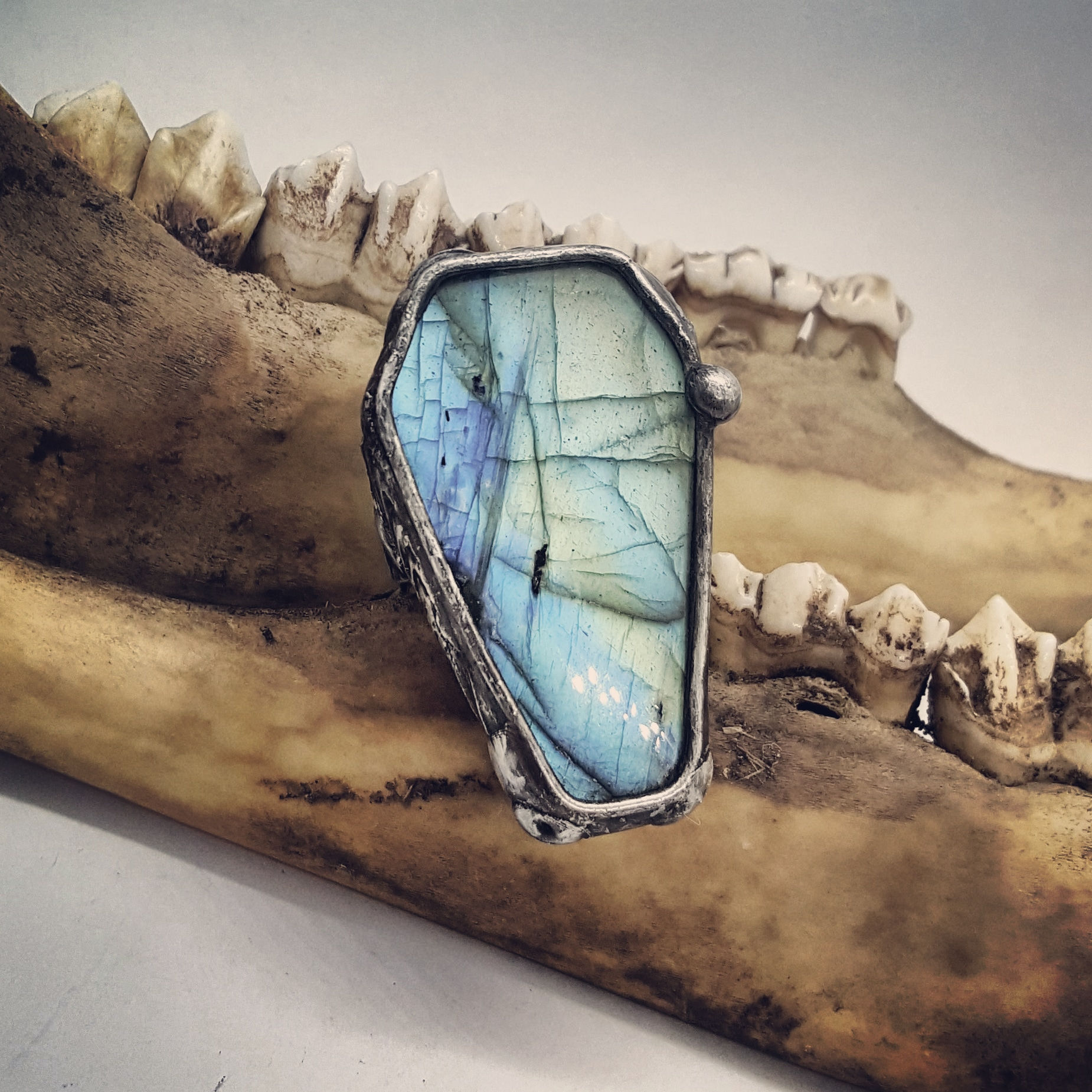 Adjustable Soldered Wide Band Labradorite Coffin Ring 