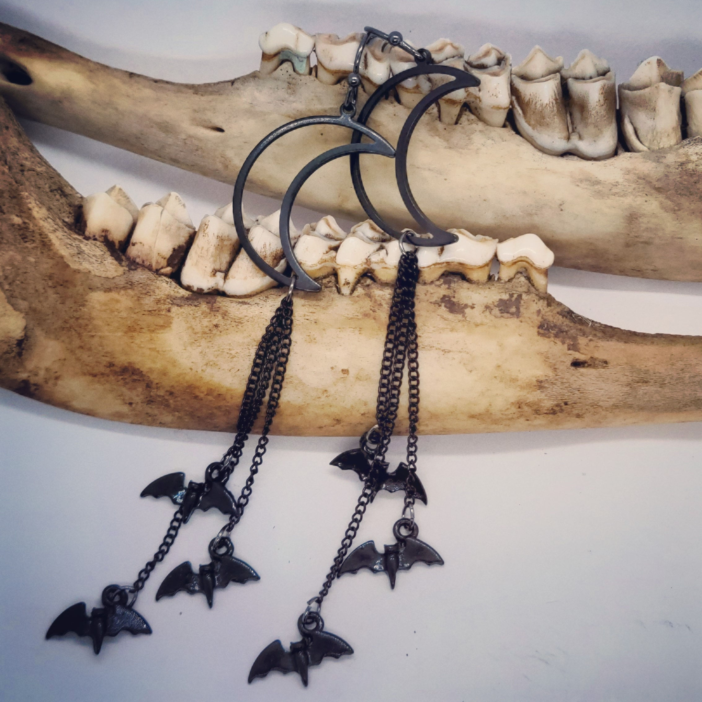 Black Crescent Moons with Bat Earrings 