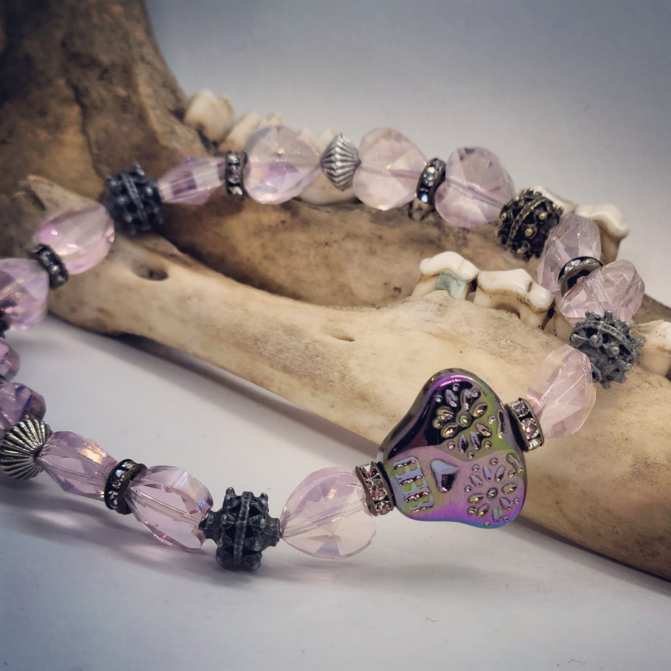 Pink Rhinestone Hearts & Sugar Skull Bracelet 