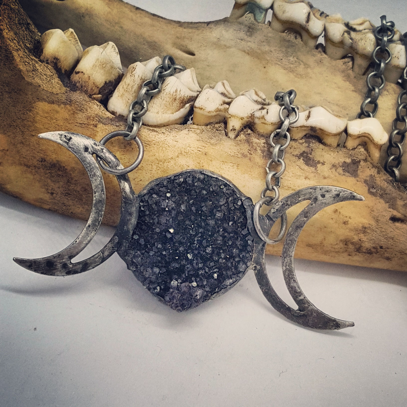 Soldered Triple Moon with Druzy Amethyst on 20" Chain 