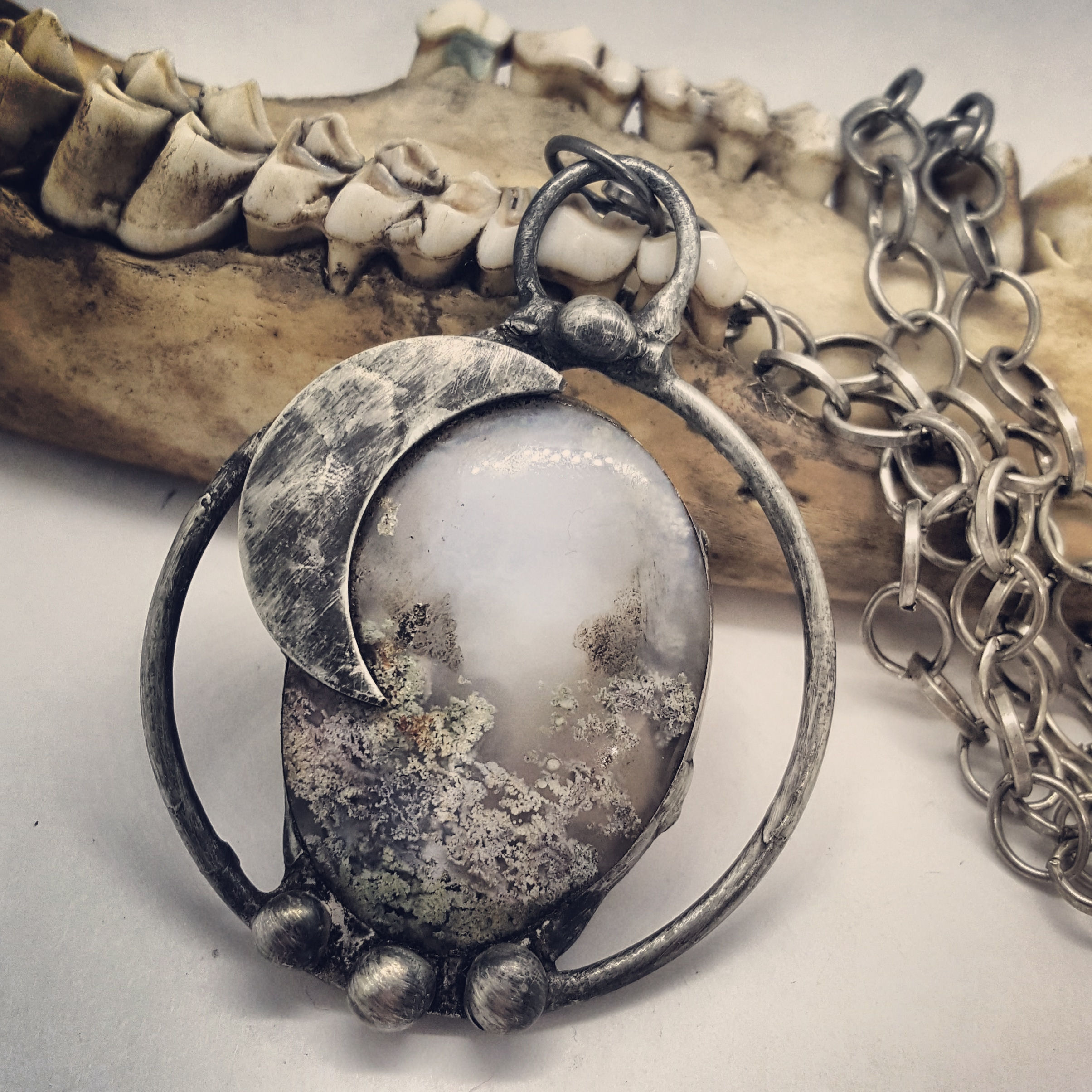 Soldered Fairy Moss Agate with Crescent Moon on 18" Chain 