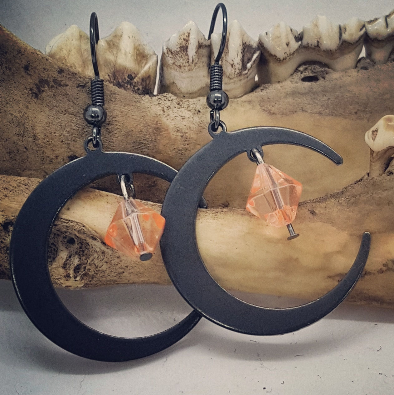 Black Crescent Moons with Salmon Drop Earrings 