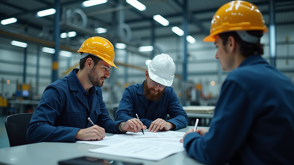 Eye-level view of an engineering team collaborating