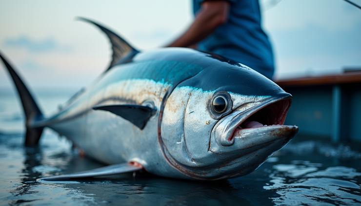 Eye-level view of a large Bluefin tuna caught off the OBX coast on a fishing boat