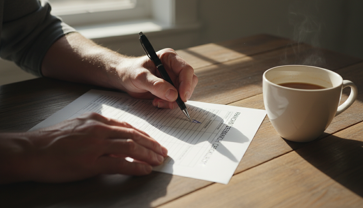 Close-up view of hands marking a printed checklist beside a cup of coffee