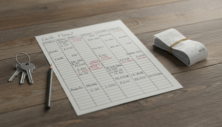 Overhead view of a marked-up cash flow worksheet next to a set of keys.