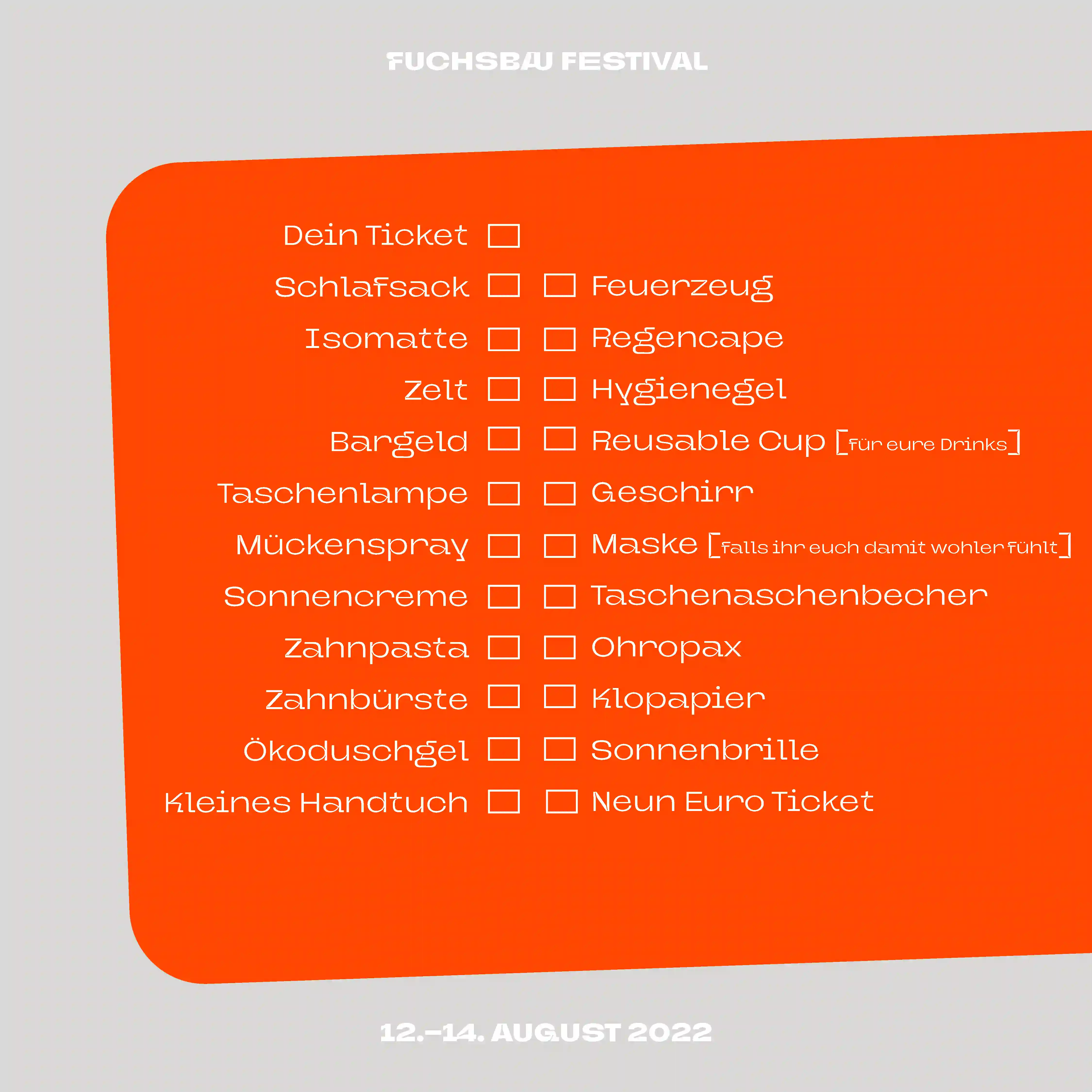Die Festival Packliste zum abhaken für Besucher:innen des Fuchsbau Festivals