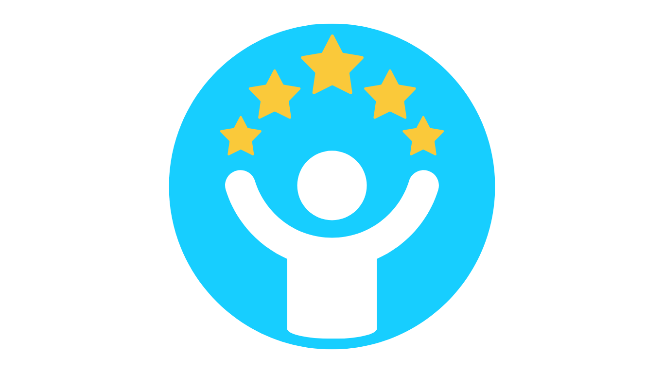 a picture with a figure, arms up, with five yellow stars above representing the 5 star review given below