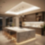 Modern kitchen with marble island, hanging lights, wood cabinets, and open shelving. Warm lighting creates a cozy, sophisticated mood.