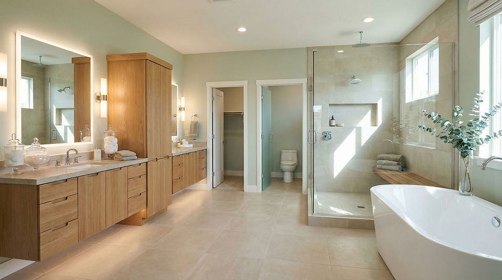 Modern bathroom with wooden cabinets, large mirrors, a glass shower, and a freestanding tub. Sunlit, minimal design, with beige tiles.