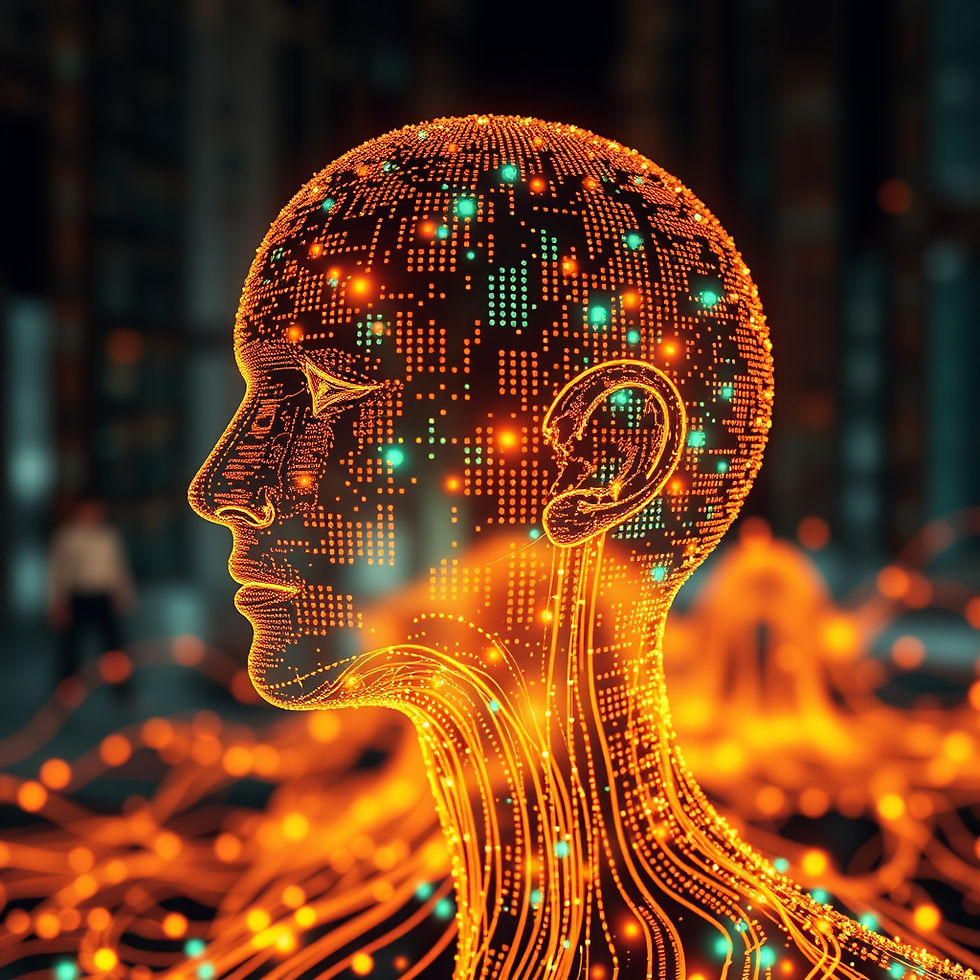 Ψηφιακό προφίλ ανθρώπου με πορτοκαλί και μπλε φωτεινές γραμμές, δροσερό φόντο με αφηρημένα μοτίβα. Αίσθηση τεχνολογίας και μελλοντικότητας.