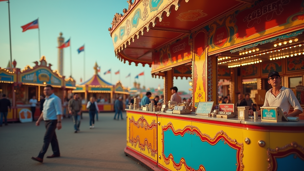 Eye-level view of a colorful carnival booth with games and prizes