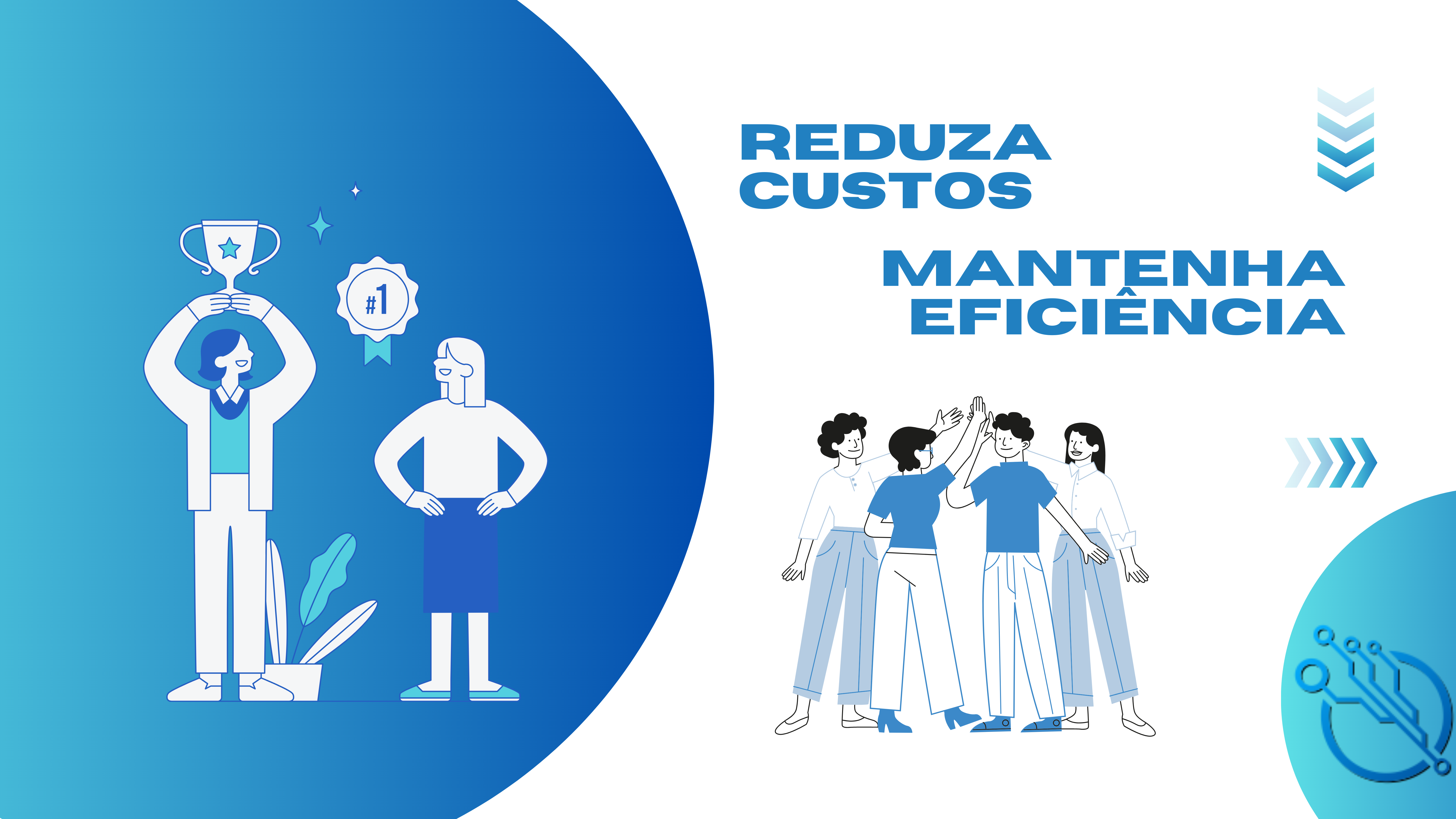 Ilustração com fundo escuro e texto em letras azuis maiúsculas escrito: "reduza custos, mantenha eficiência".