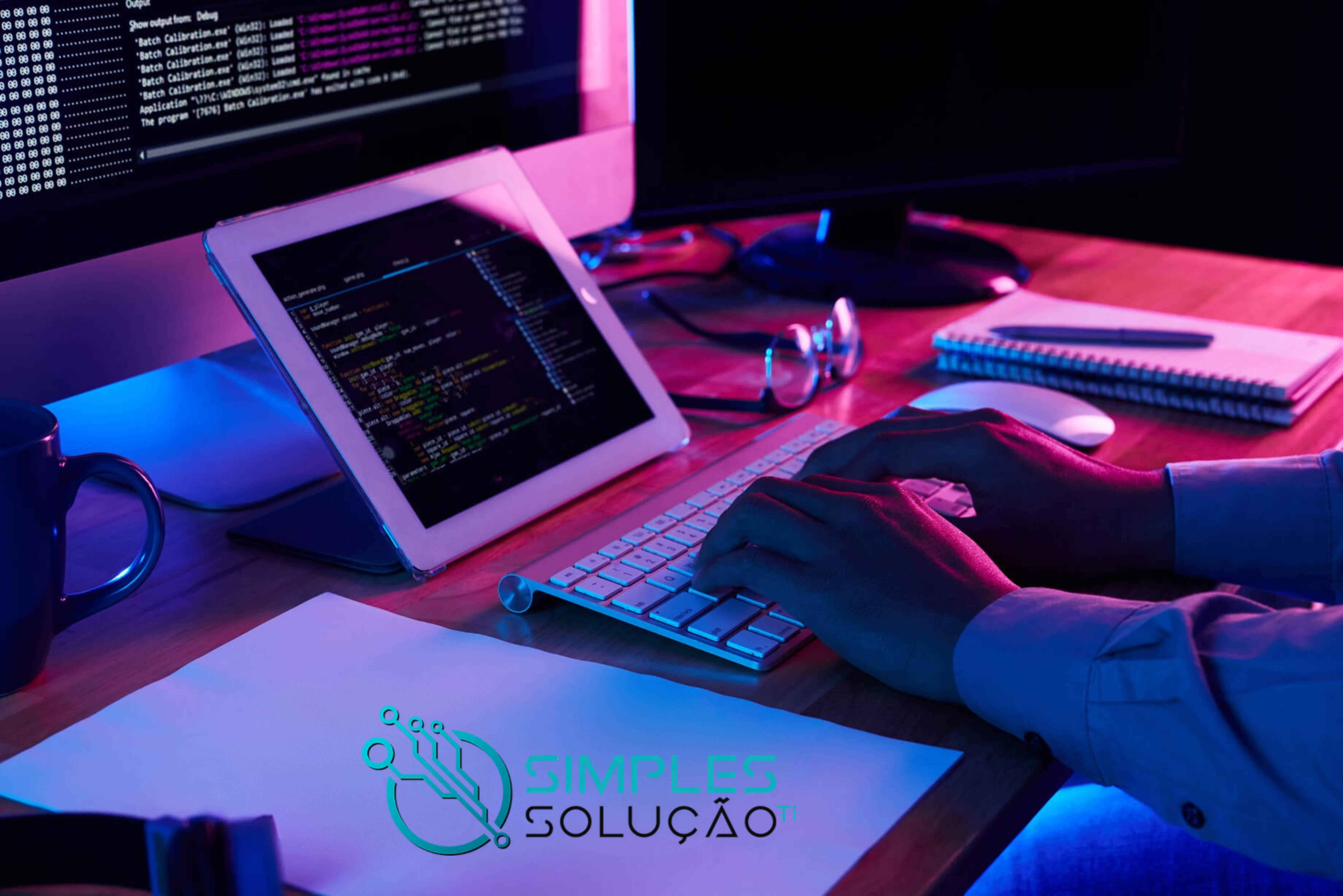 Pessoa digitando em um teclado de computador em um ambiente tecnológico com iluminação azul e rosa. Na tela do tablet, há códigos de programação, indicando um cenário de trabalho em TI. No canto inferior da imagem, o logotipo da Simples Solução TI está visível.