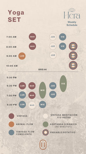 Yoga Set en Hera Zenter con clases de vinyasa, vinyasa flow consciente, hatha, ashtanga dinámico, animal flow y clases rotativas, enfocado en movimiento consciente, respiración y bienestar integral