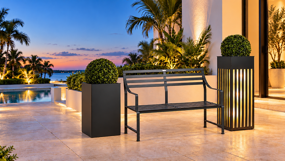 Anthracite bench on a twilight terrace.png