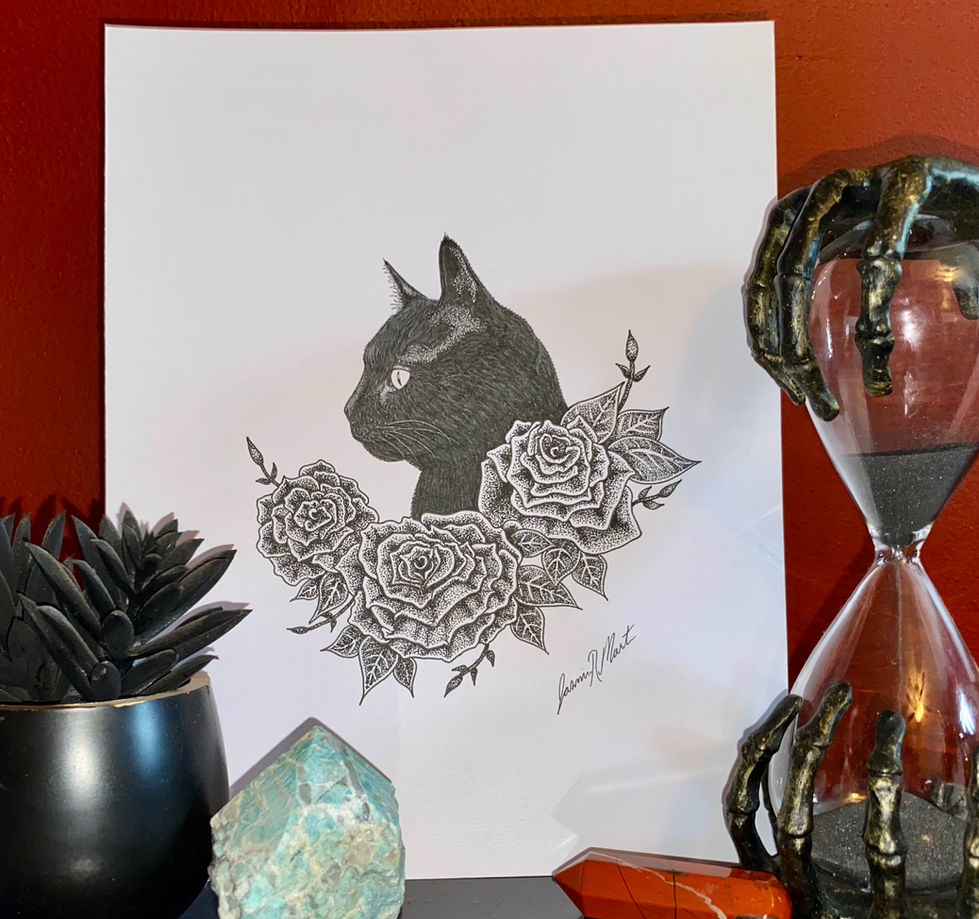 Black cat profile drawing with roses