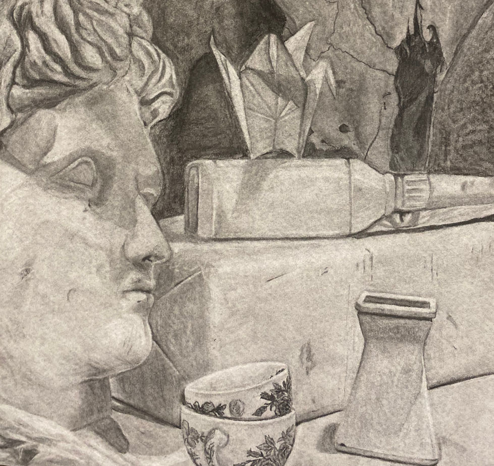 Pencil drawing of a classical bust profile, bottle, and pottery.