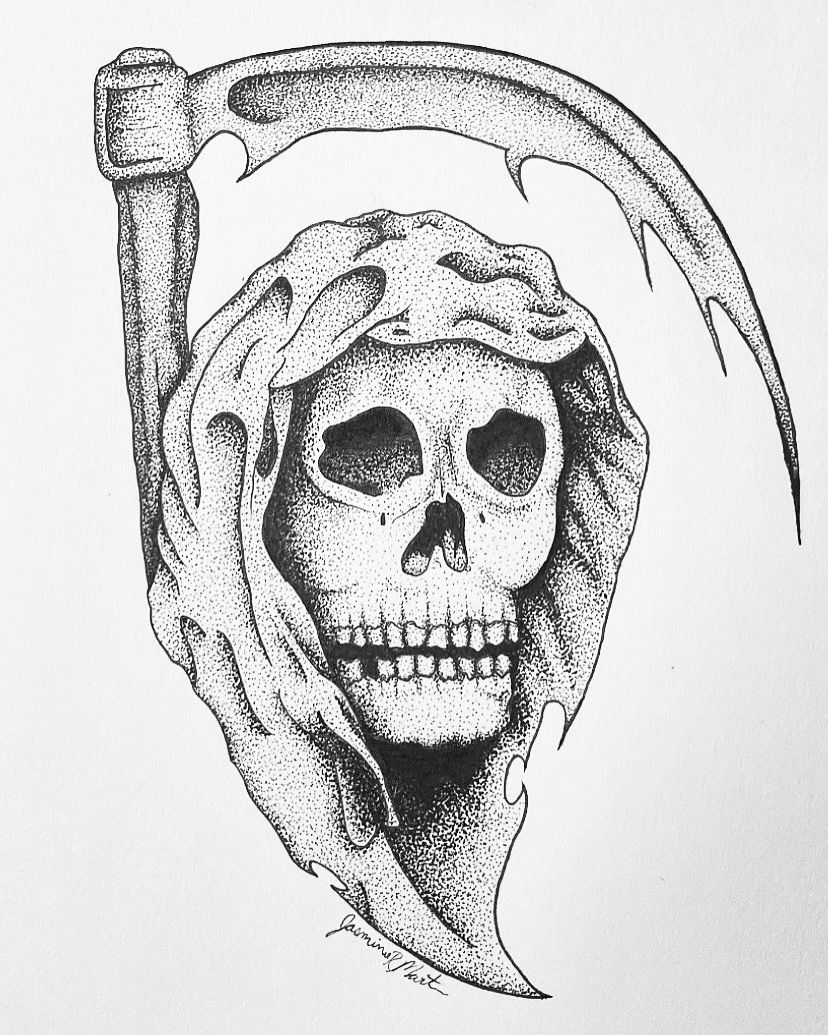 Ink illustration of a skull/reaper