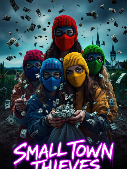 Small Town Thieves feature film poster showing a masked group holding cash against a chaotic backdrop