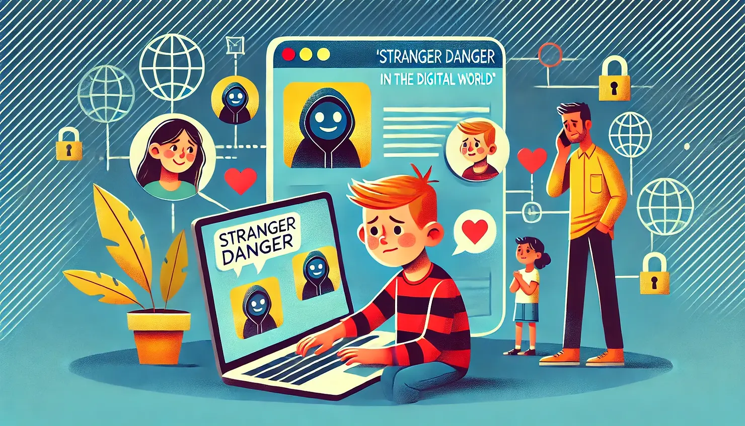 Cartoon illustration of a child using a laptop with a concerned parent nearby. On the screen, friendly-looking avatars and shadowy figures represent online strangers. The background includes symbols of the internet and connections, emphasizing the vast reach of the online world and the importance of online safety.