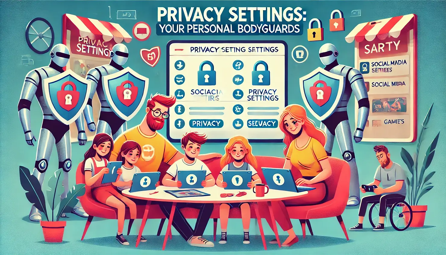 Cartoon illustration of a family at a table with laptops and tablets, setting up privacy settings with cartoon-style bodyguards symbolizing protection. Background includes social media and game icons with locks and shields, highlighting the importance of privacy settings.