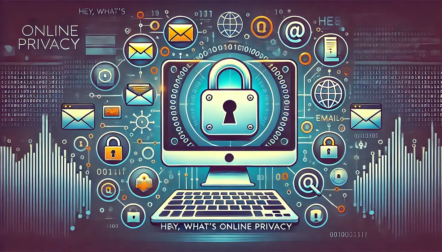 Illustration of a computer screen with a padlock icon, surrounded by icons representing social media, emails, and browsing, all with small padlocks, set against a background of binary code and abstract tech patterns, symbolising online privacy and security.