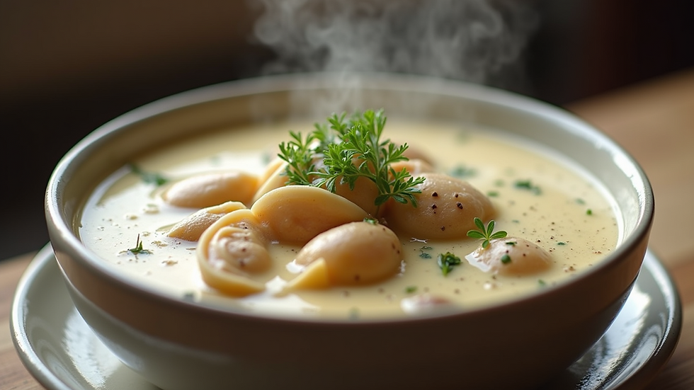 Close-up view of a steaming bowl of New England Clam Chowder