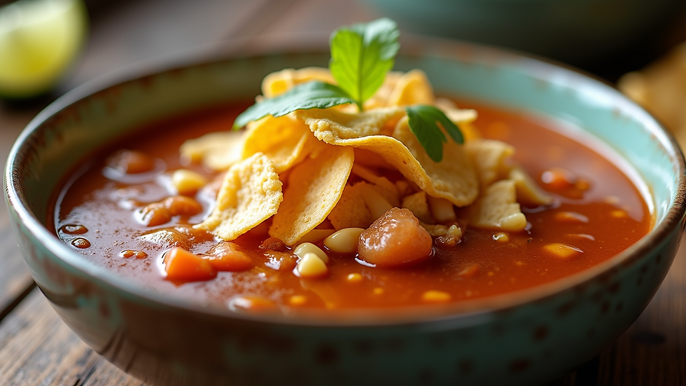 Close-up view of a steaming bowl of Tortilla Soup garnished with crispy tortilla strips and lime