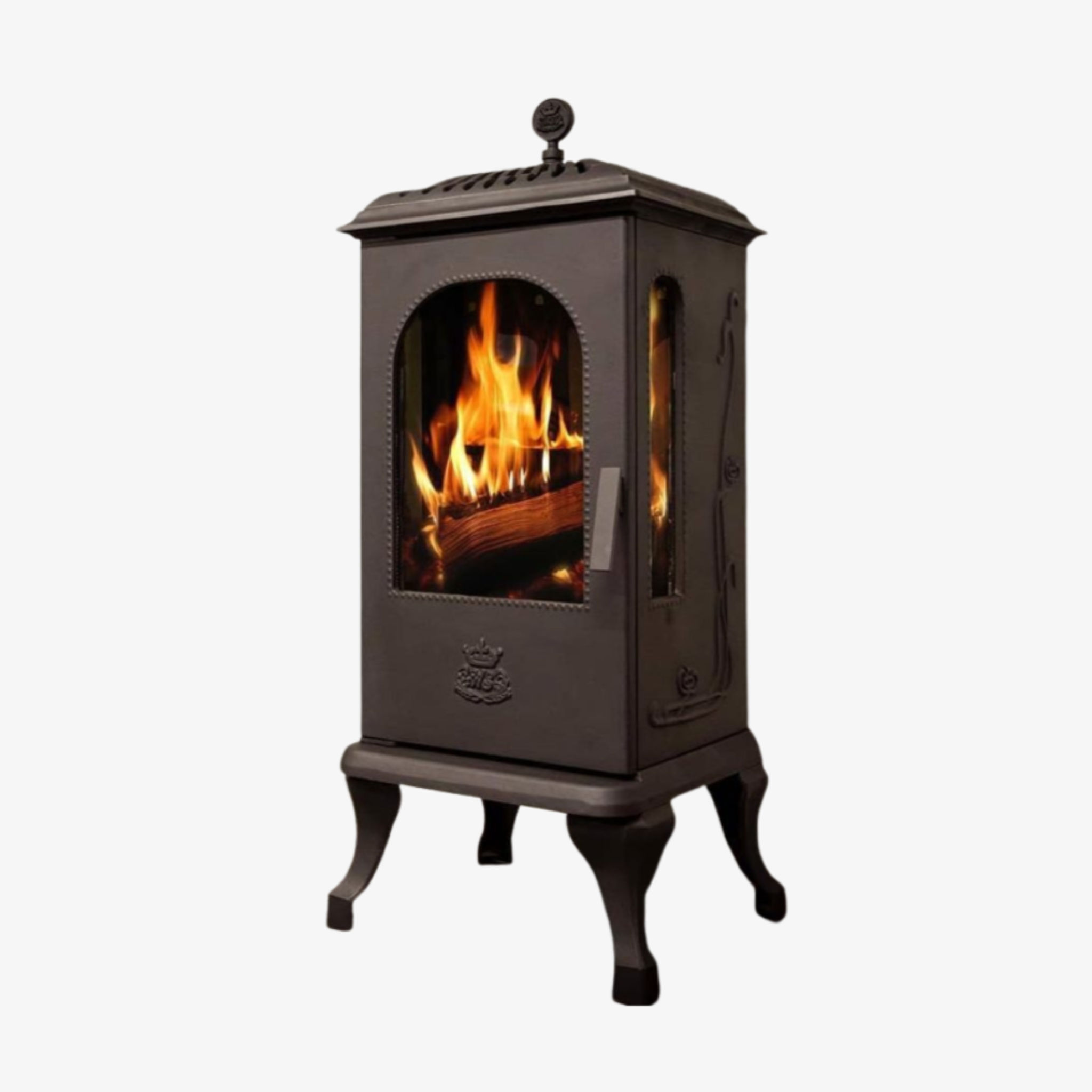 Westbo Victoria 100 gjutjärnskamin med sidoglas – klassisk design och panoramavy av elden